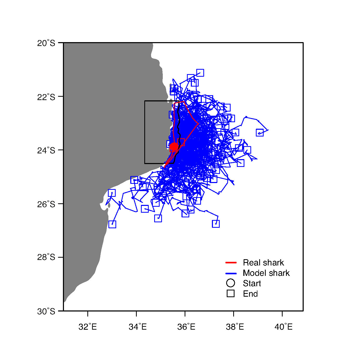 Real whale sharks preferred the coastal waters of southern Mozambique, where the water was cooler, richer in chlorophyll-a, and shallower than in the semi-randomly moving robot sharks' habitat