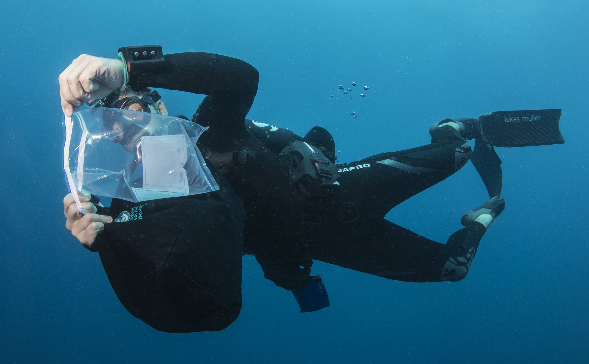 A diver holds up a bag of seawater collected for eDNA analysis