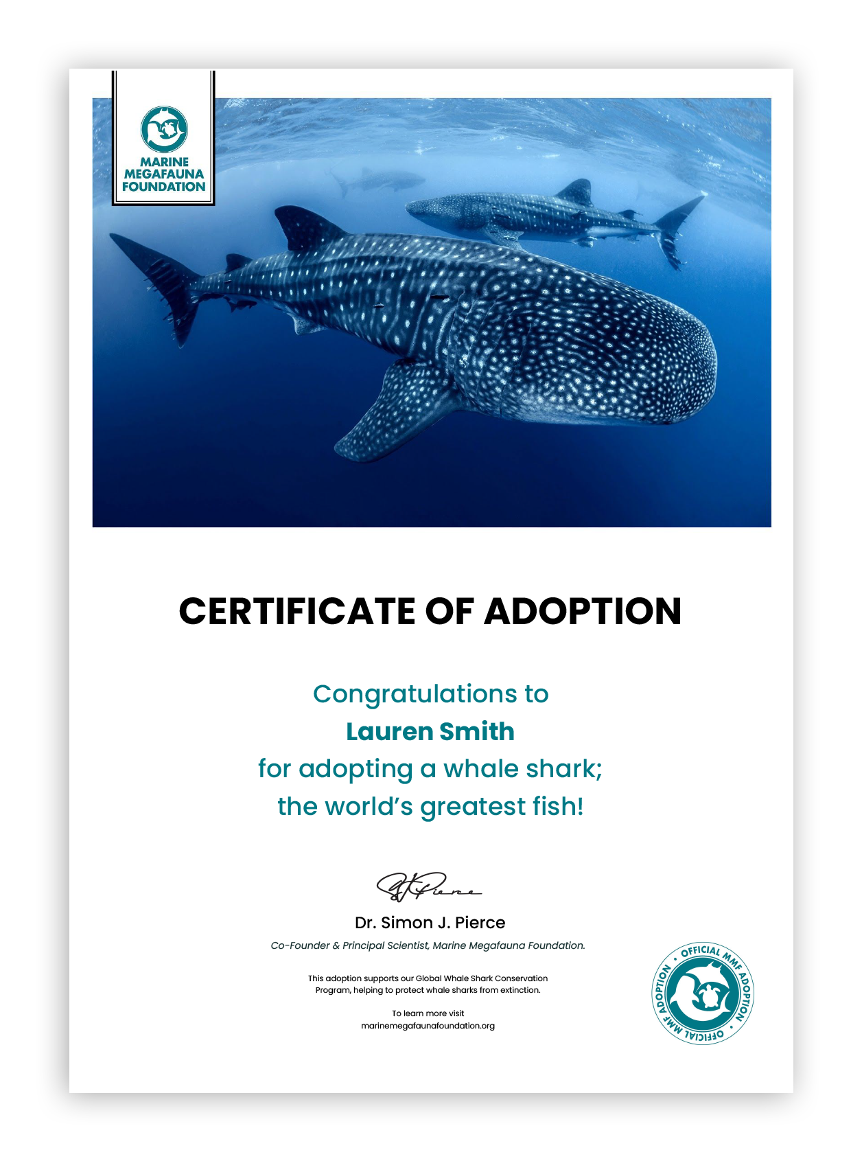 MMF whale shark adoption certificate