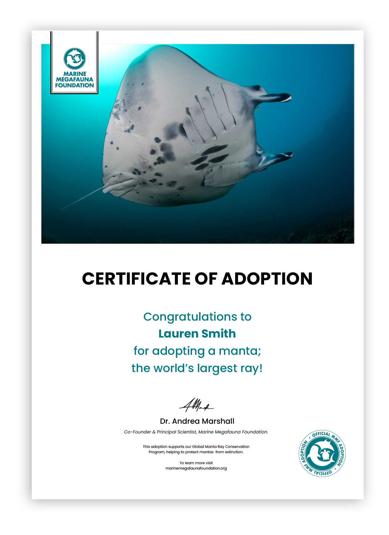 MMF manta ray adoption certificate