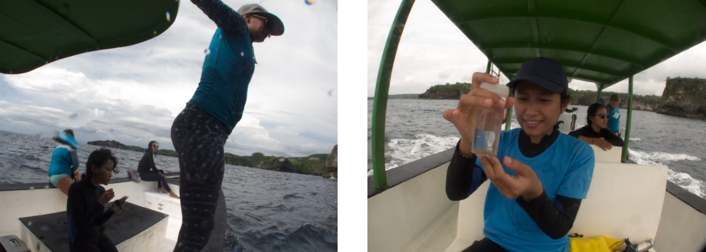 Counting and recording surface plastic (L), A preserved plankton and microplastic sample (R)