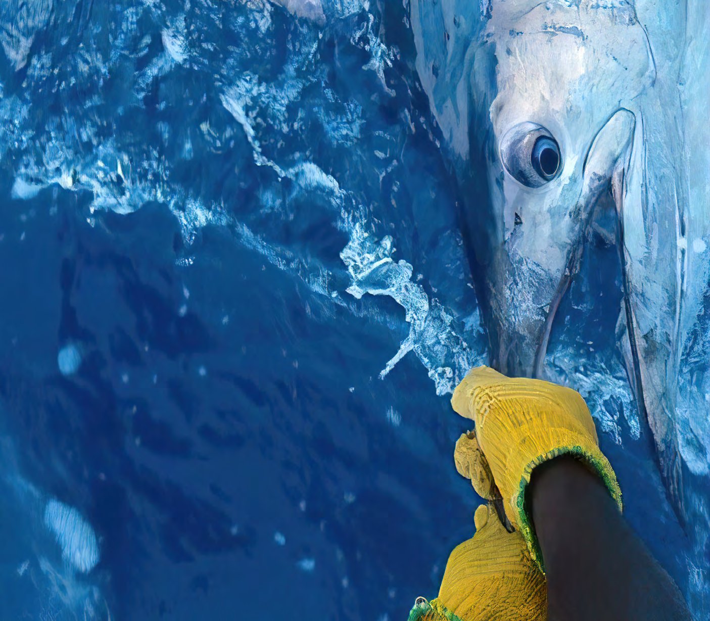 A tagged black marlin held by its bill beside a boat