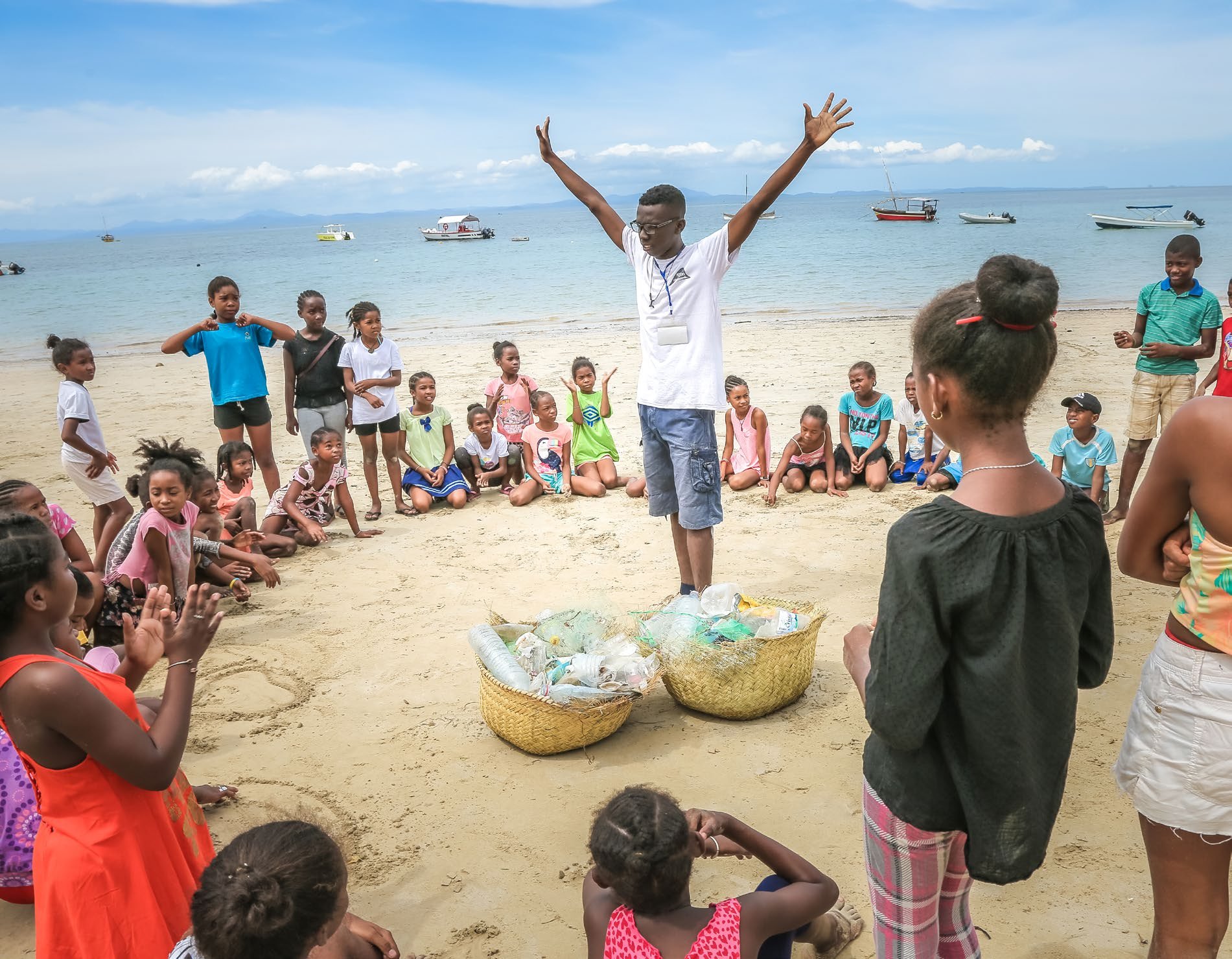 The MWSP education team working with children on Nosy Be